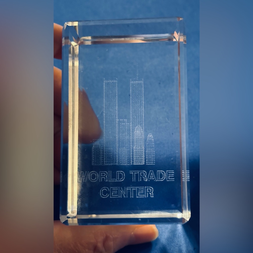 World Trade Center Etched Acrylic Lucite  Block Paperweight